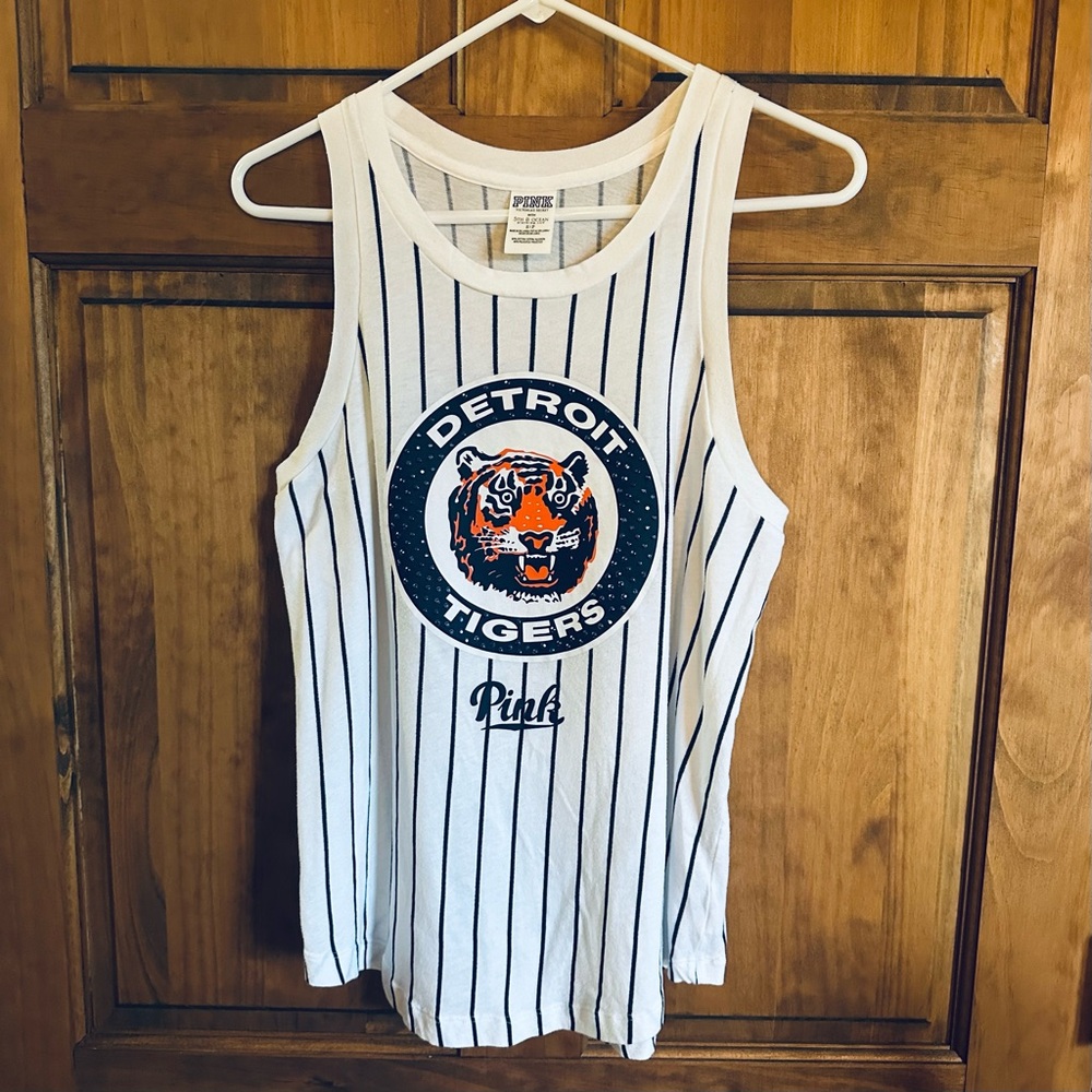 PINK Detroit Tigers Striped sequin tank Top White & Navy with Orange Logo! Small